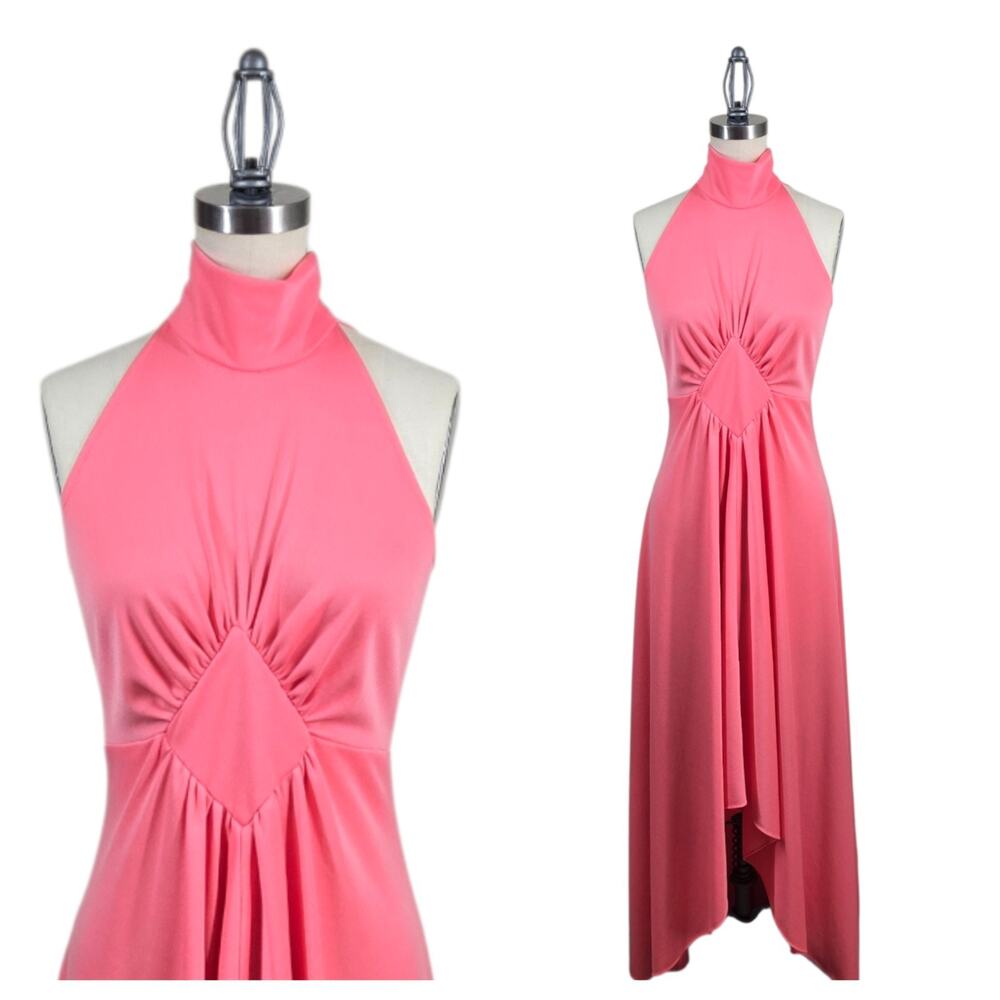 Vintage 70s Halter Maxi Dress Gown XS Peach Pink Open Back Bridesmaid Goddess
